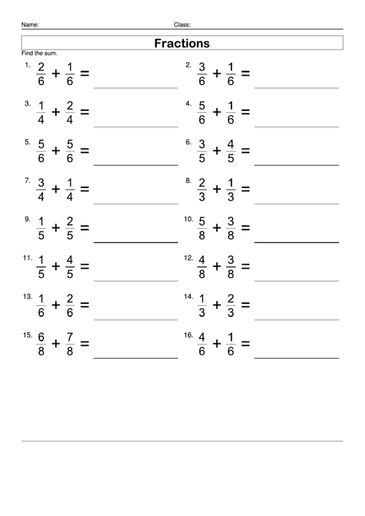 Addition Of Fractions printable pdf download