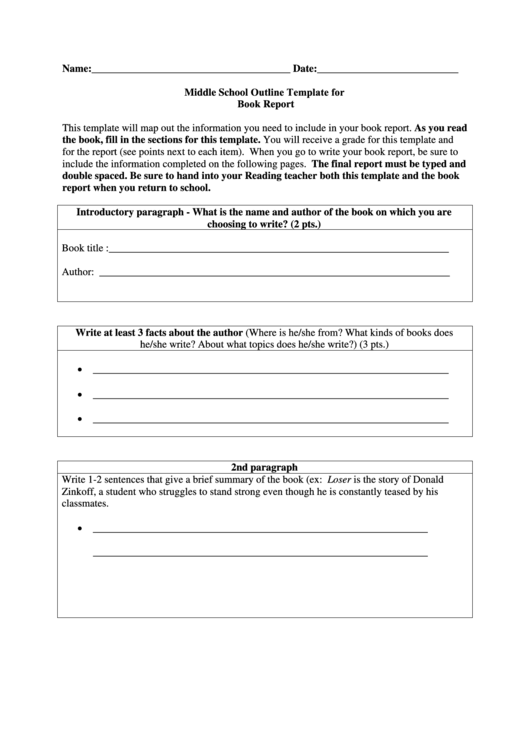 middle school outline template for book report