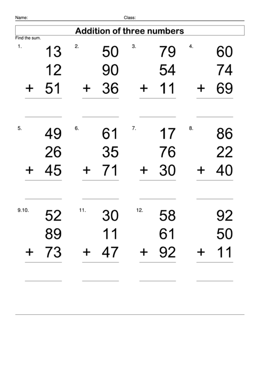Addition Of Three Numbers Printable pdf
