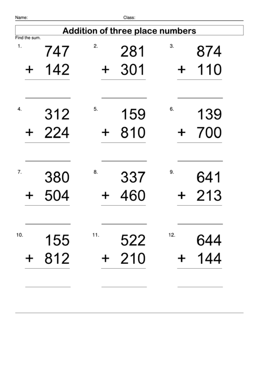Addition Of Three Place Numbers Printable pdf