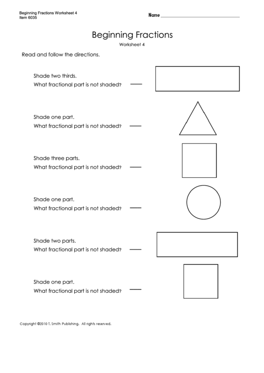 Beginning Fractions Worksheet Printable pdf