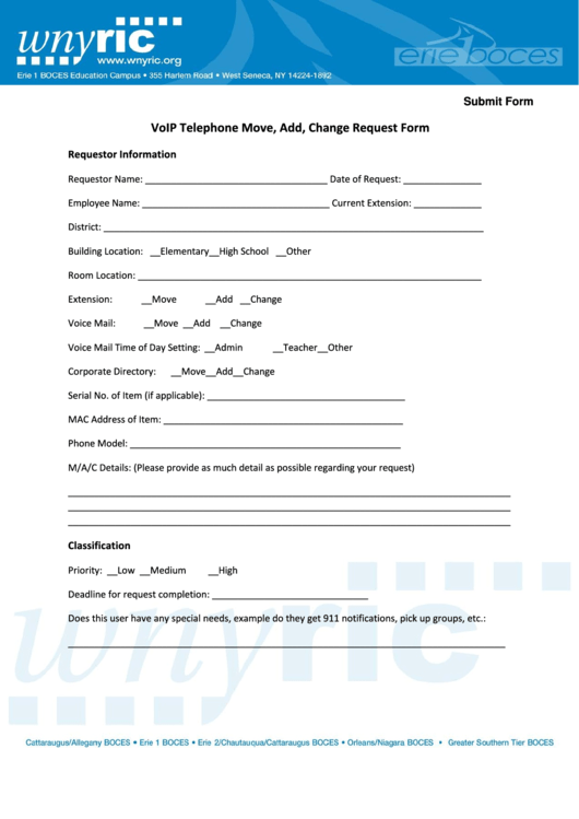Fillable Voip Telephone Move, Add, Change Request Form Printable pdf