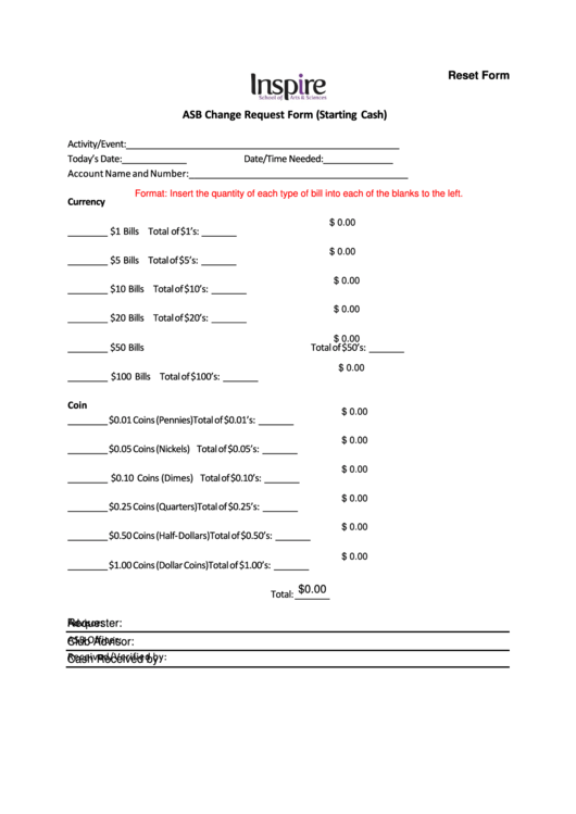 Fillable Asb Change Request Form (Starting Cash) Printable pdf