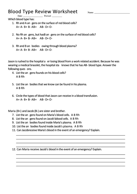 Blood Type Review Worksheet Printable pdf