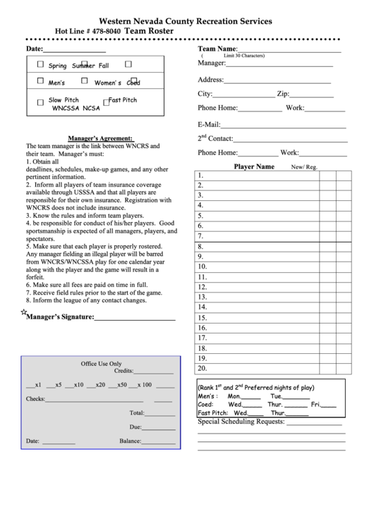 Roster Template - Western Nevada County Recreation Services Printable pdf
