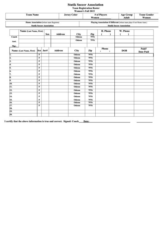 Statik Soccer Association - Team Registration Roster Printable pdf