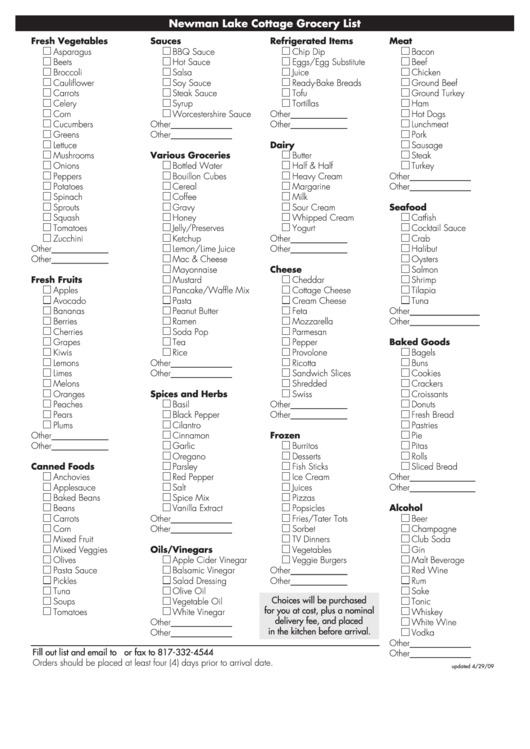 Lake Cottage Grocery List Template printable pdf download