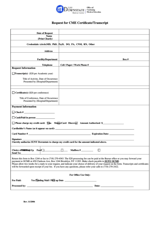 Request For Cme Certificate/transcript Printable pdf