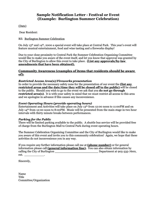 Sample Notification Letter - City Of Burlington Printable pdf