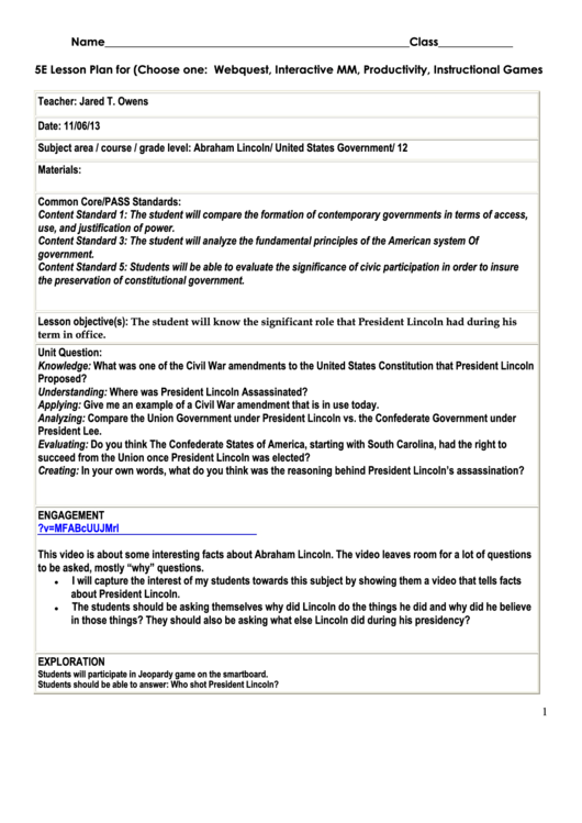 5e Student Lesson Planning Template - Owensjt Printable pdf