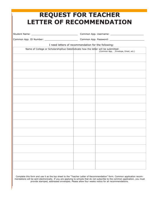 Request For Teacher Letter Of Recommendation Printable pdf