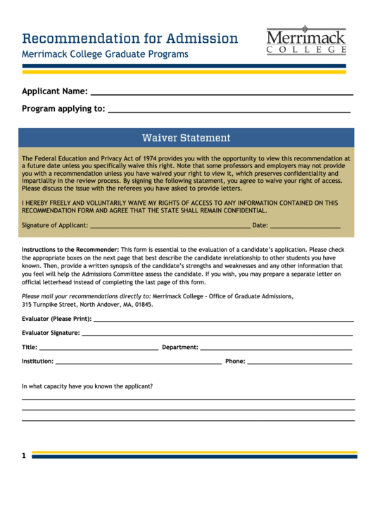 Recommender: This Form - Merrimack College Printable pdf