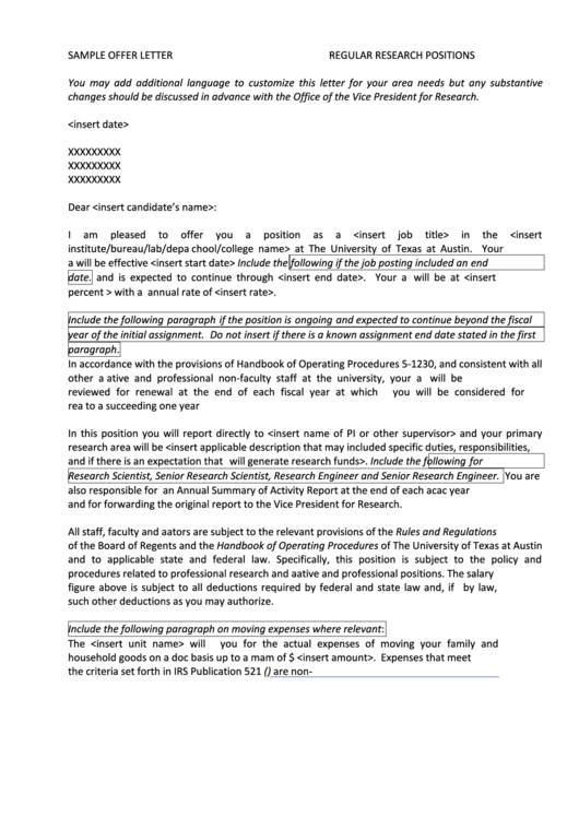 Sample Offer Letter - Regular Research Positions Printable pdf