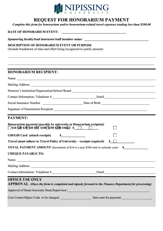 Request For Honorarium Payment - Nipissing University Printable pdf