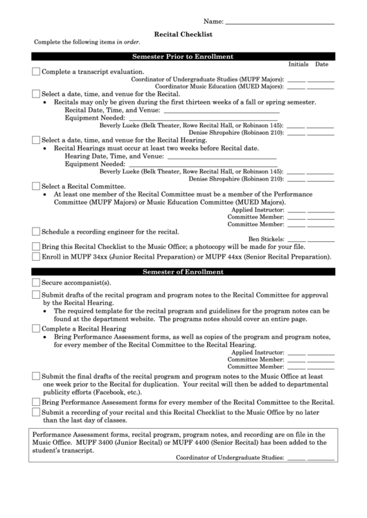 Recital Checklist Printable pdf