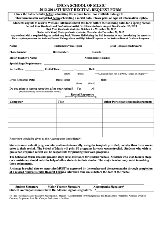 Fillable Uncsa School Of Music 2013-2014 Student Recital Request Form Printable pdf