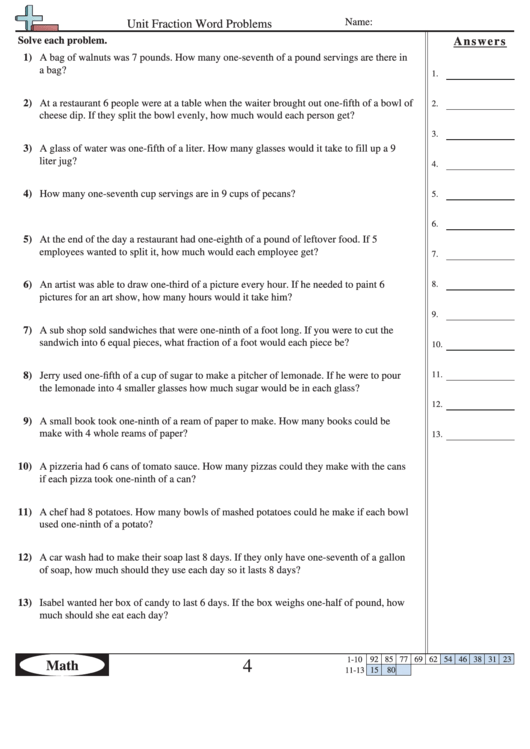 Unit Fraction Word Problems Worksheet With Answer Key Printable pdf