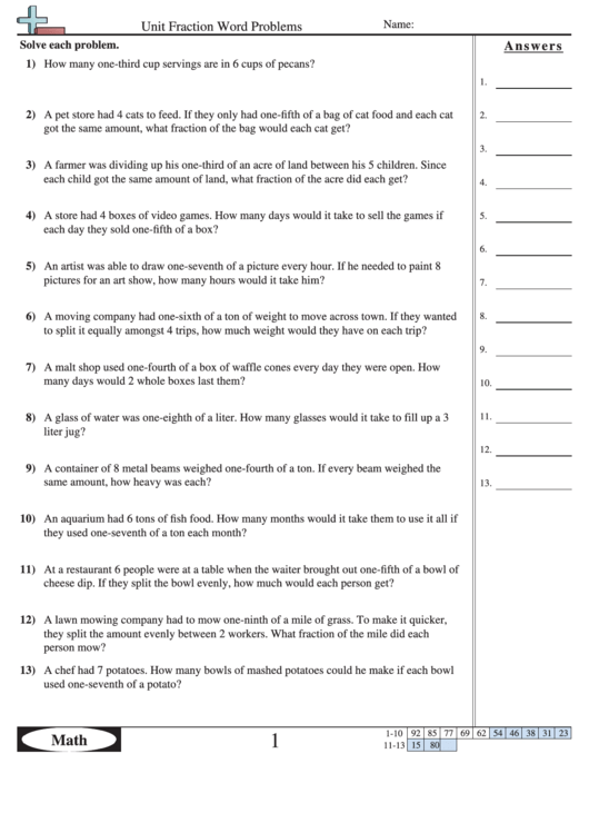 Unit Fraction Word Problems Worksheet With Answer Key Printable pdf