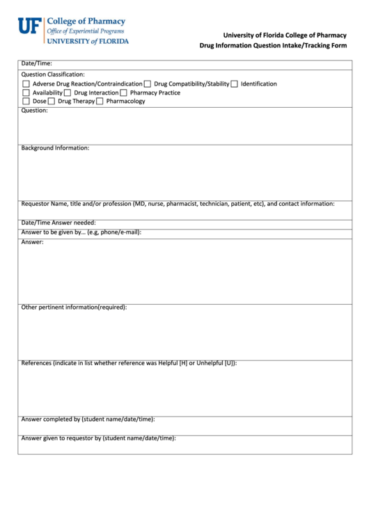 Drug Information Question Intake/tracking Form printable pdf download
