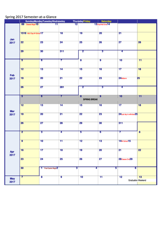 Spring 2017 Semester At A Glance Calendar Template Printable Pdf Download