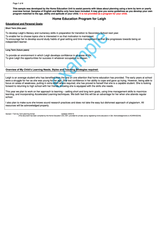Home Education Planning Formats Printable pdf