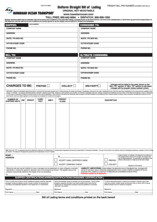 Fillable Uniform Straight Bill Of Lading Template Printable pdf