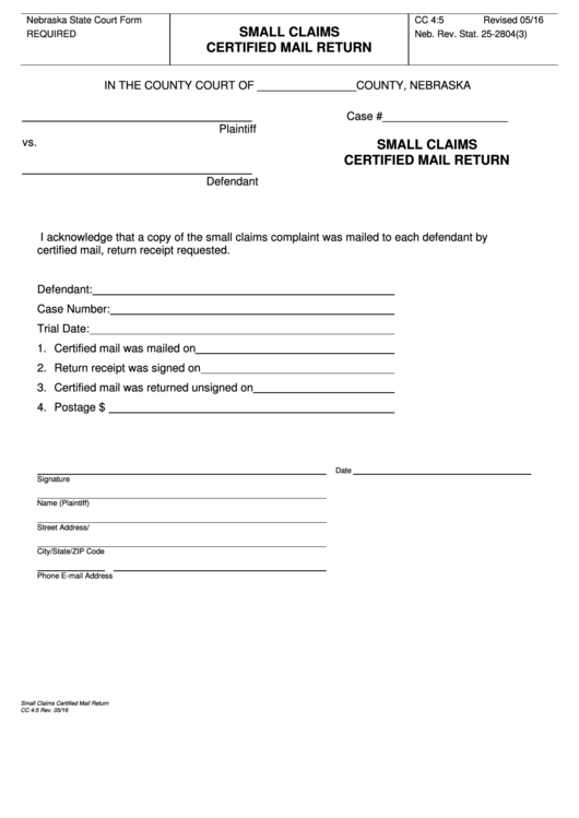 Fillable State Of Nebraska Small Claims Certified Mail Return Printable pdf