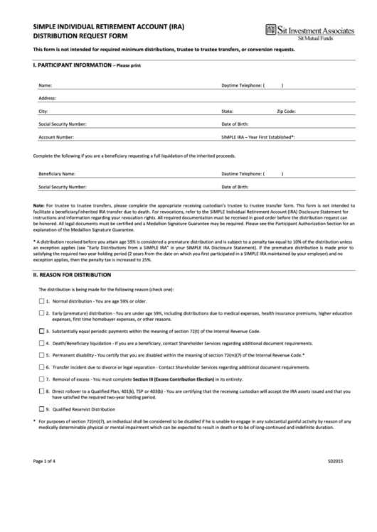 Simple Individual Retirement Account (Ira) Distribution Request Form Printable pdf