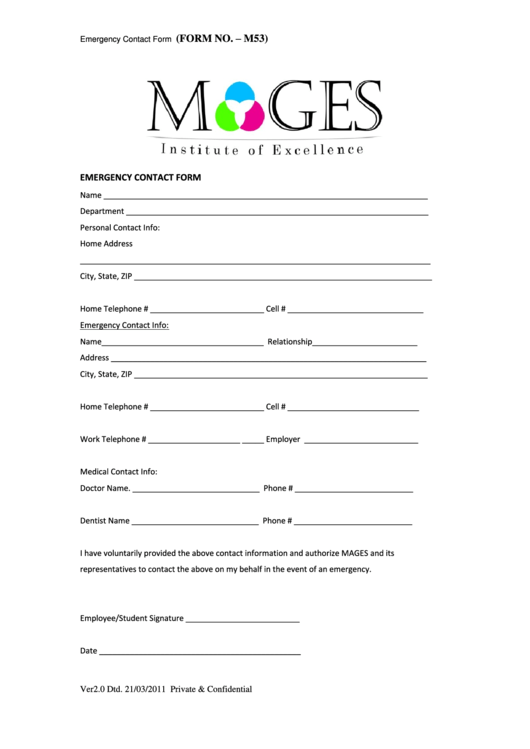 Form M53 - Emergency Contact Form Printable pdf