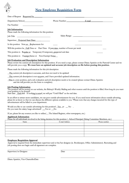 New Employee Requisition Form - Diocese Of Yakima Printable pdf