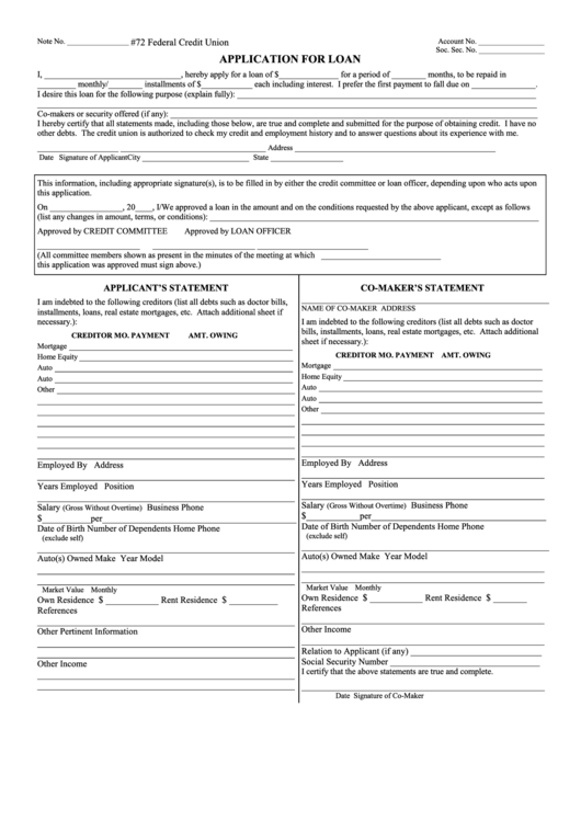 Application For Personal Or Vehicle Loans Printable pdf