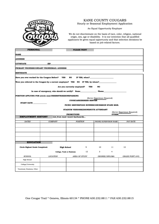 Kane County Cougars Hourly Or Seasonal Employment Application Printable pdf