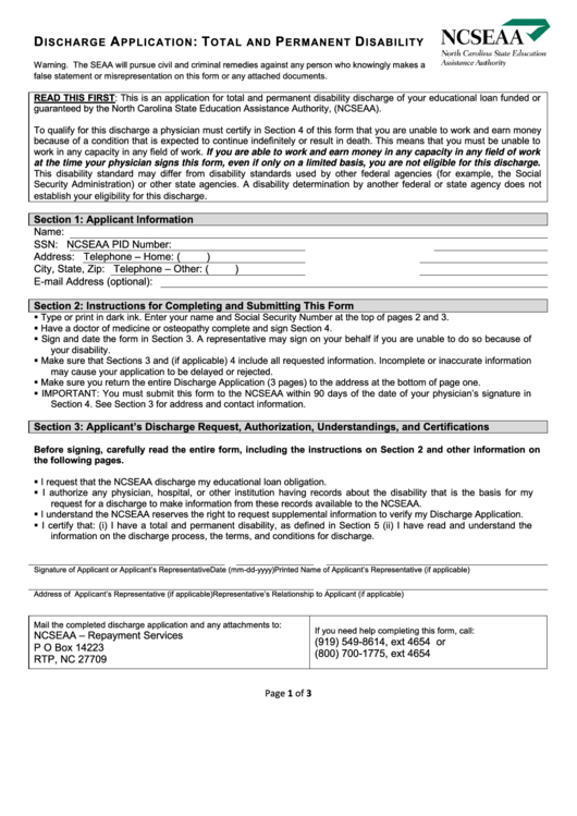 Permanent Disability Form - North Carolina State Education Printable pdf