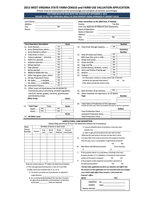 Fillable 2015 West Virginia State Farm Census And Farm Use Printable pdf