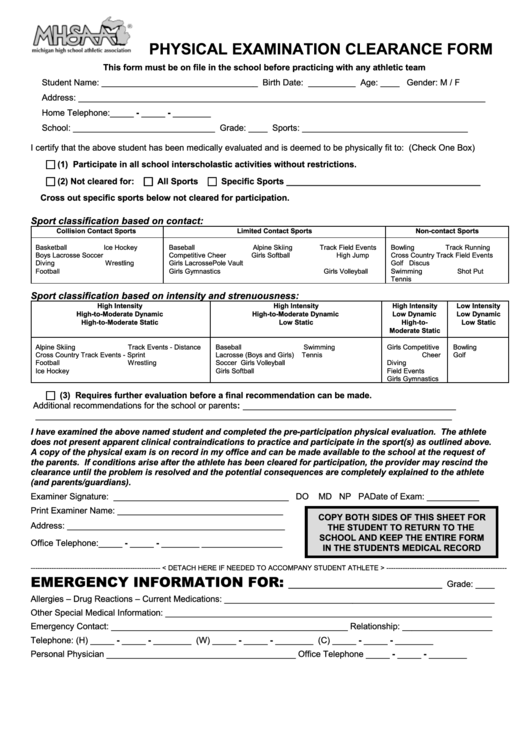 Fillable Sports Qualifying Physical Examination Form - Bedford Public Schools Printable pdf
