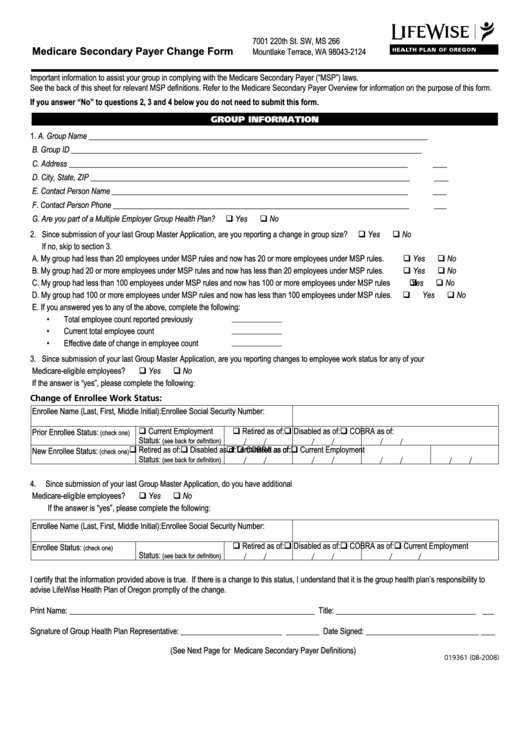 Medicare Secondary Payer Change Form Printable pdf