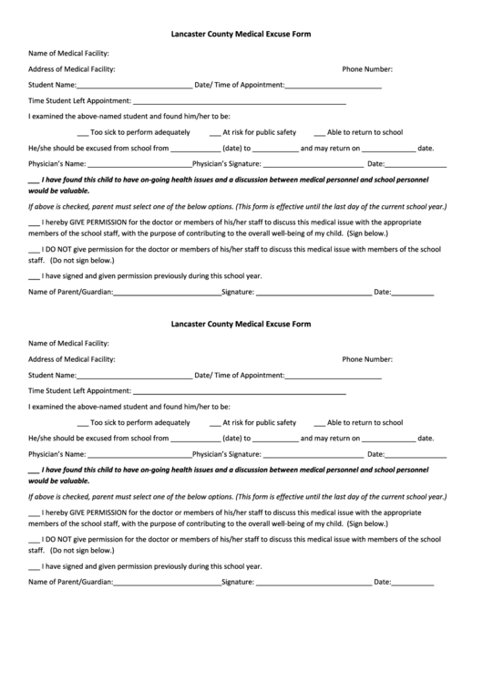 Lancaster County Medical Excuse Form Printable pdf