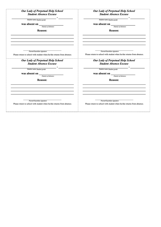 Our Lady Of Perpetual Help School - Student Absence Excuse Printable pdf