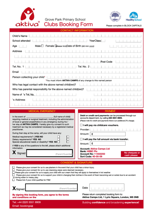 Booking Form - Aktiva Printable pdf
