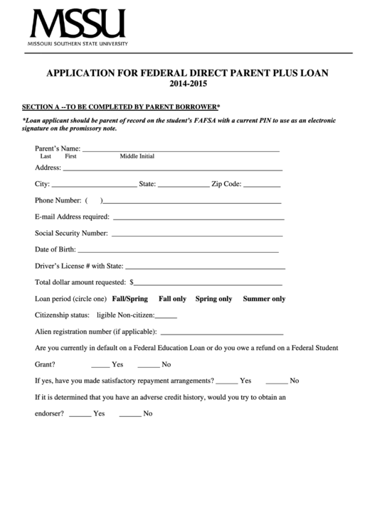 Application For Federal Direct Parent Plus Loan Printable pdf