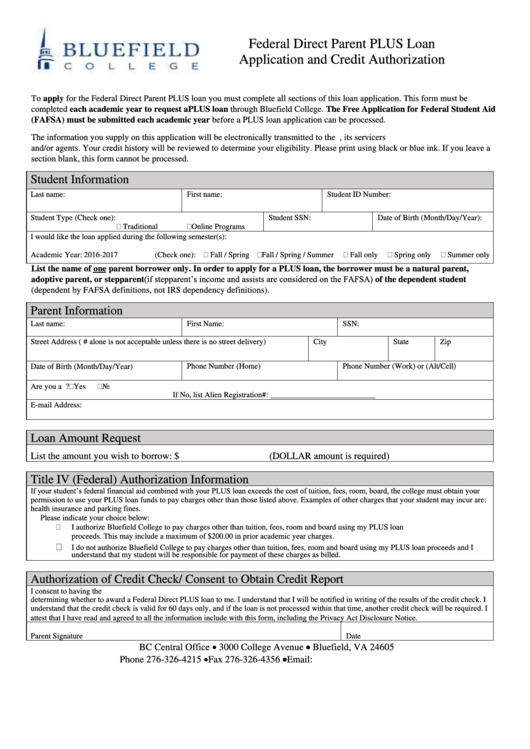 Federal Direct Parent Plus Loan Application And Credit Authorization Printable pdf