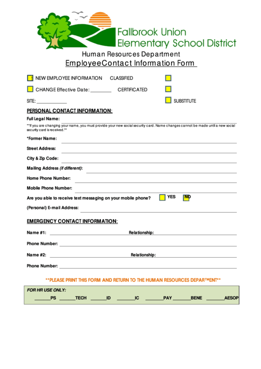 Fillable Employee Contact Information Form - Fallbrook Union Elementary Printable pdf