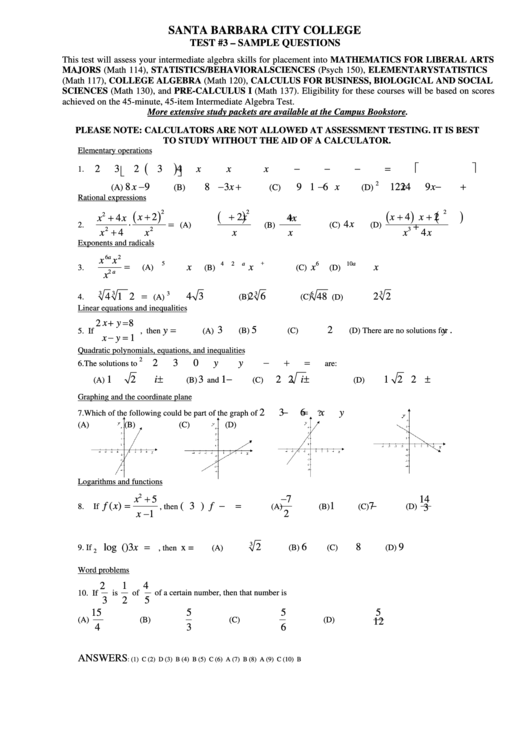 College Algebra Test Template Printable pdf