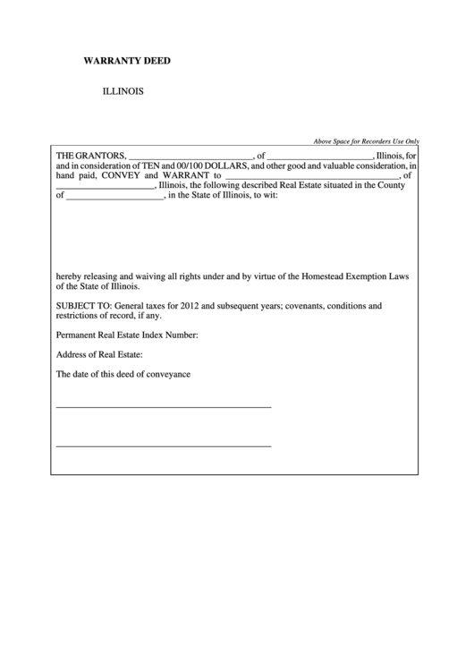 Fillable Warranty Deed Form - Illinois Printable pdf