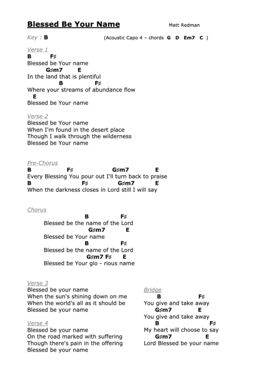 Blessed Be Your Name (B) - Matt Redman - Acoustic Guitar Chords Chart Printable pdf