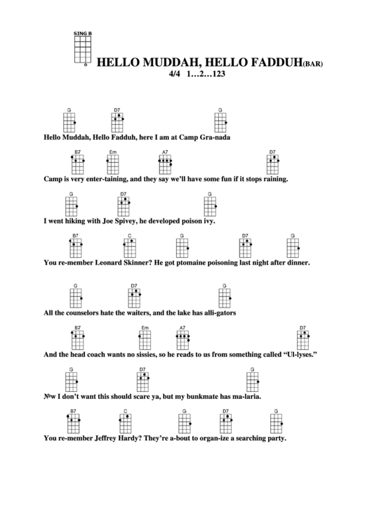 Hello Muddah, Hello Fadduh (Bar) Chord Chart Printable pdf
