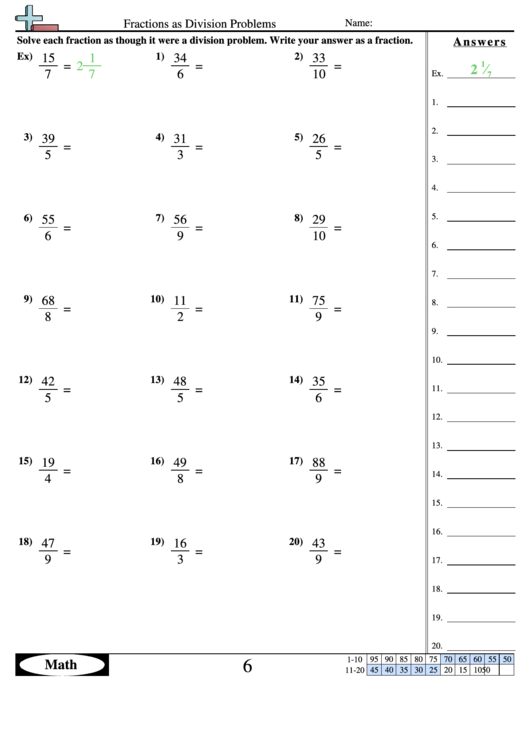 fractions as division problems worksheet with answer key