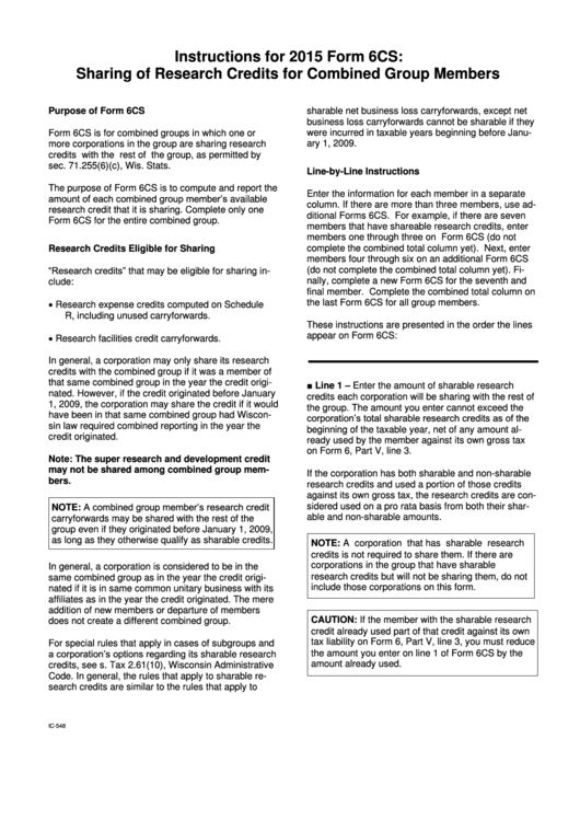 Instructions For 2015 Form 6cs - Sharing Of Research Credits For Combined Group Members Printable pdf