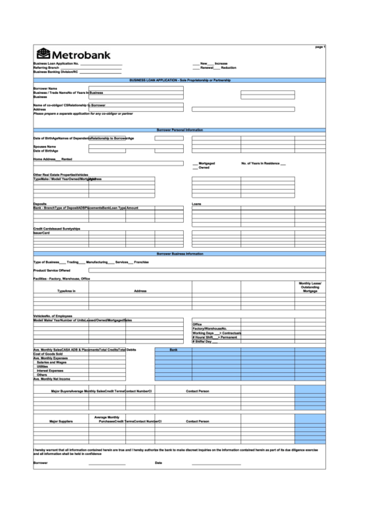 Business Loan Application Form - Metrobank Printable pdf