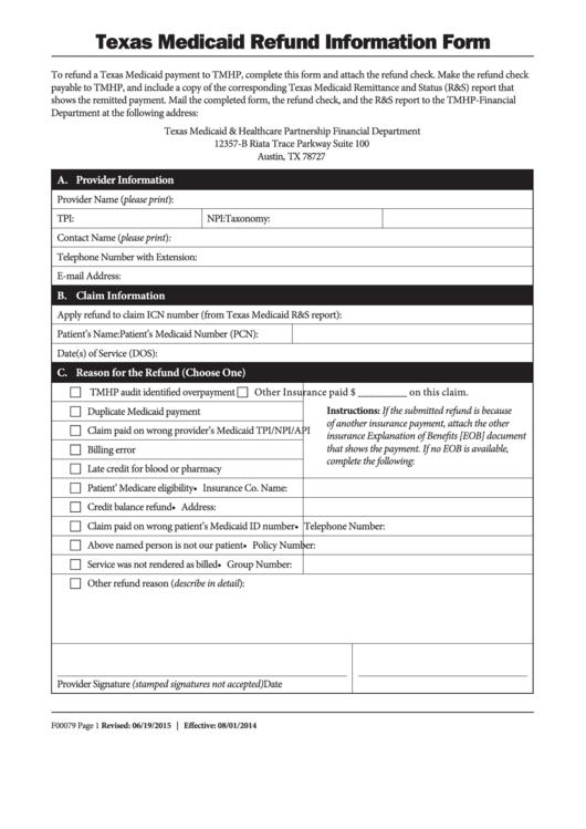 Fillable Texas Medicaid Refund Information Form Printable pdf